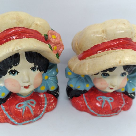 Two Vtg Enesco Japan Set of Strawberry Shortcake style Girls Head Planter vases - Picture 16 of 16